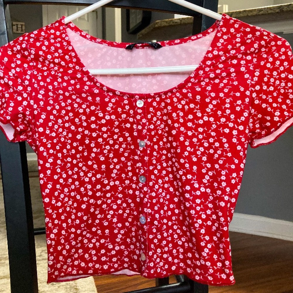 Red crop top with small white flowers
